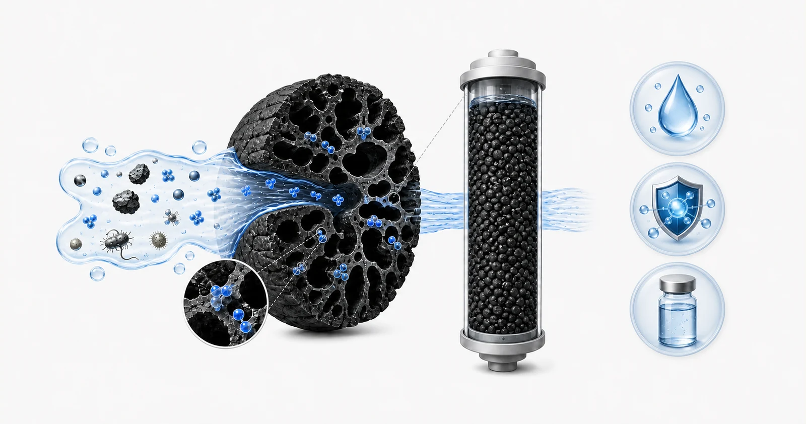 Ra'ayin cutaway na tuntuɓar ruwa mai kunna carbon da aka kunna tare da iyakokin sa ido